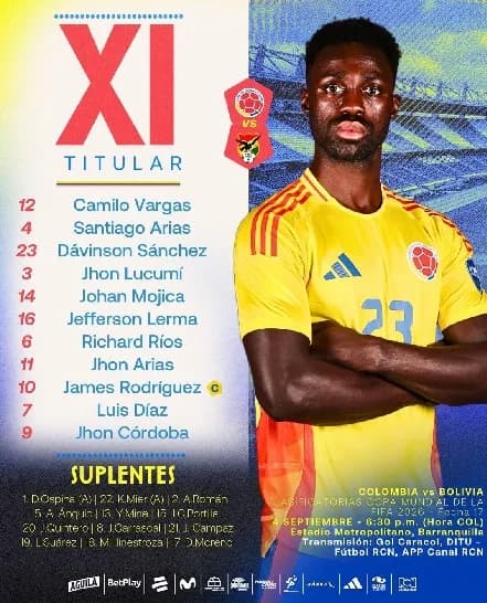 Alineación oficial de la Selección Colombia vs. Bolivia por las Eliminatorias Sudamericanas