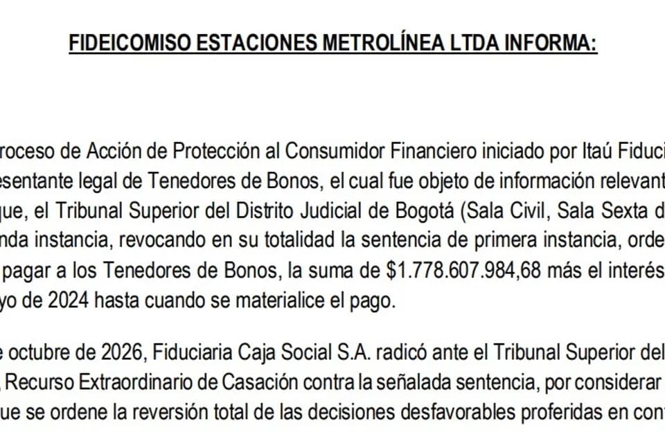 Tribunal revocó fallo a favor de Fiduciaria Caja Social y le ordenó pagar $1.778 millones a bonotenientes de Metrolínea por incumplimiento del contrato de fiducia