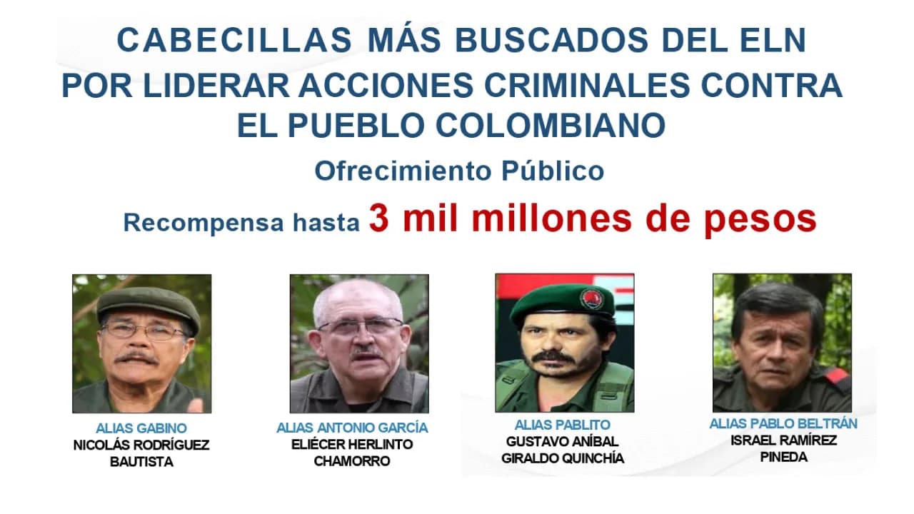 Gobierno Nacional lanzó el cartel de los más buscados del Ejército de Liberación Nacional, con recompensas de hasta $3.000 millones