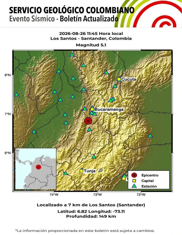 Temblor de 5,1 sacudió a Santander este miércoles